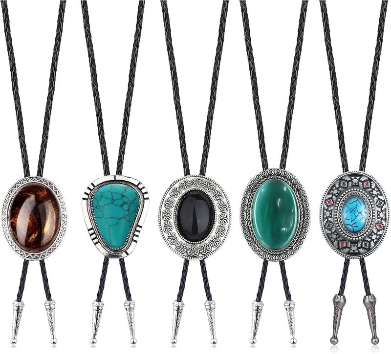 Fansilver 5Pcs Handmade Bolo Tie for Men Western Cowboy Leather Necktie Halloween Costume Accessories for Men Women - Image 1